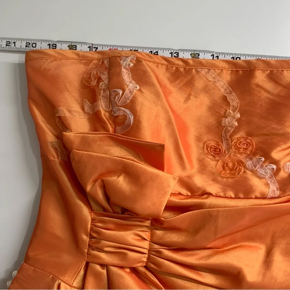 Vintage 80’s Orange Strapless Party Dress Size 14 Large Bow Floral Accent - Picture 7 of 11